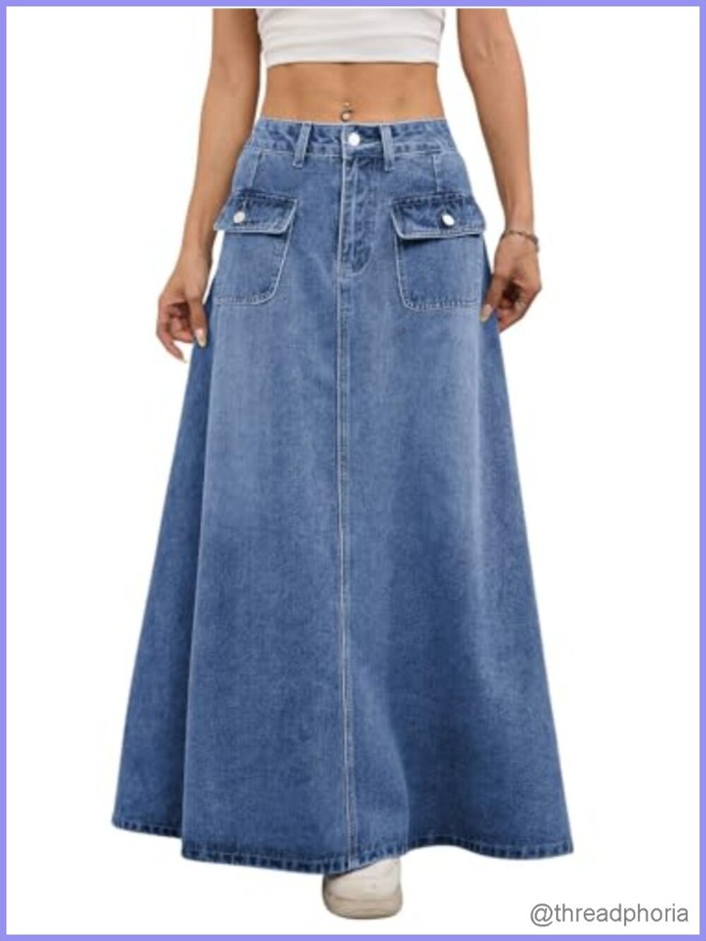 Vintage Mid-Rise Flared Denim Maxi Skirt Pleated A-Line